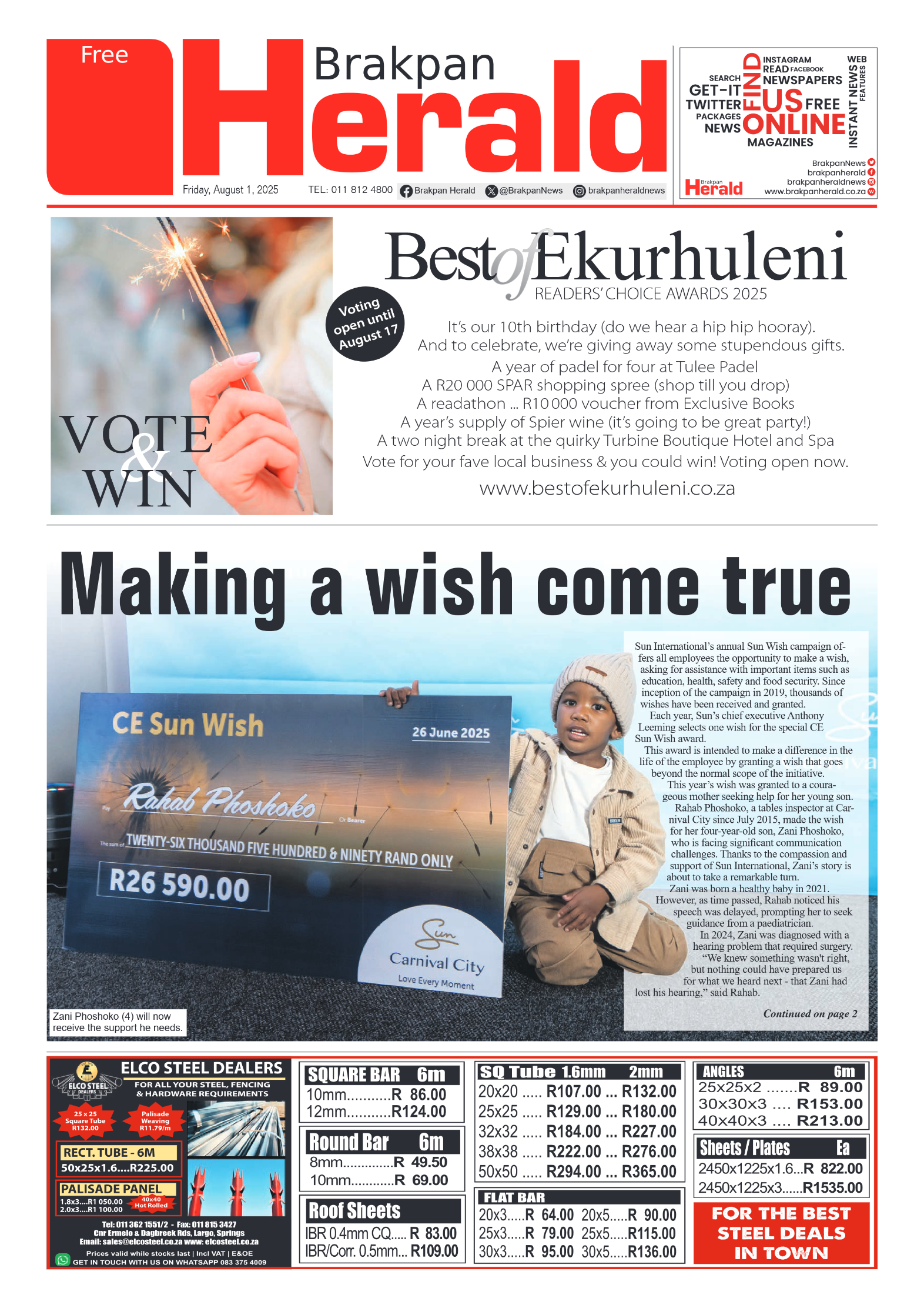 Brakpan Herald 1 August 2025 page 1