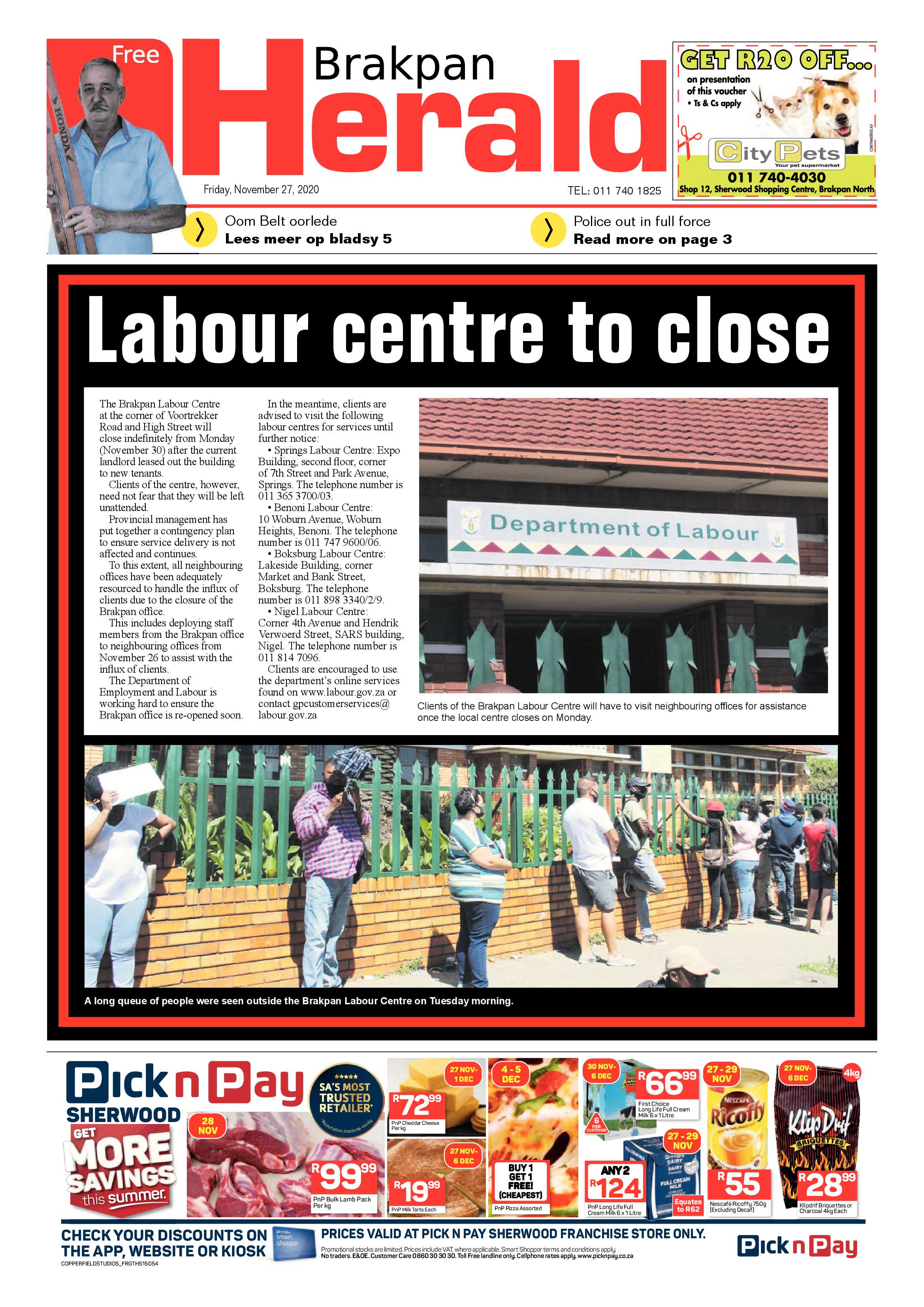 Brakpan Herald 26 November  2020 page 1