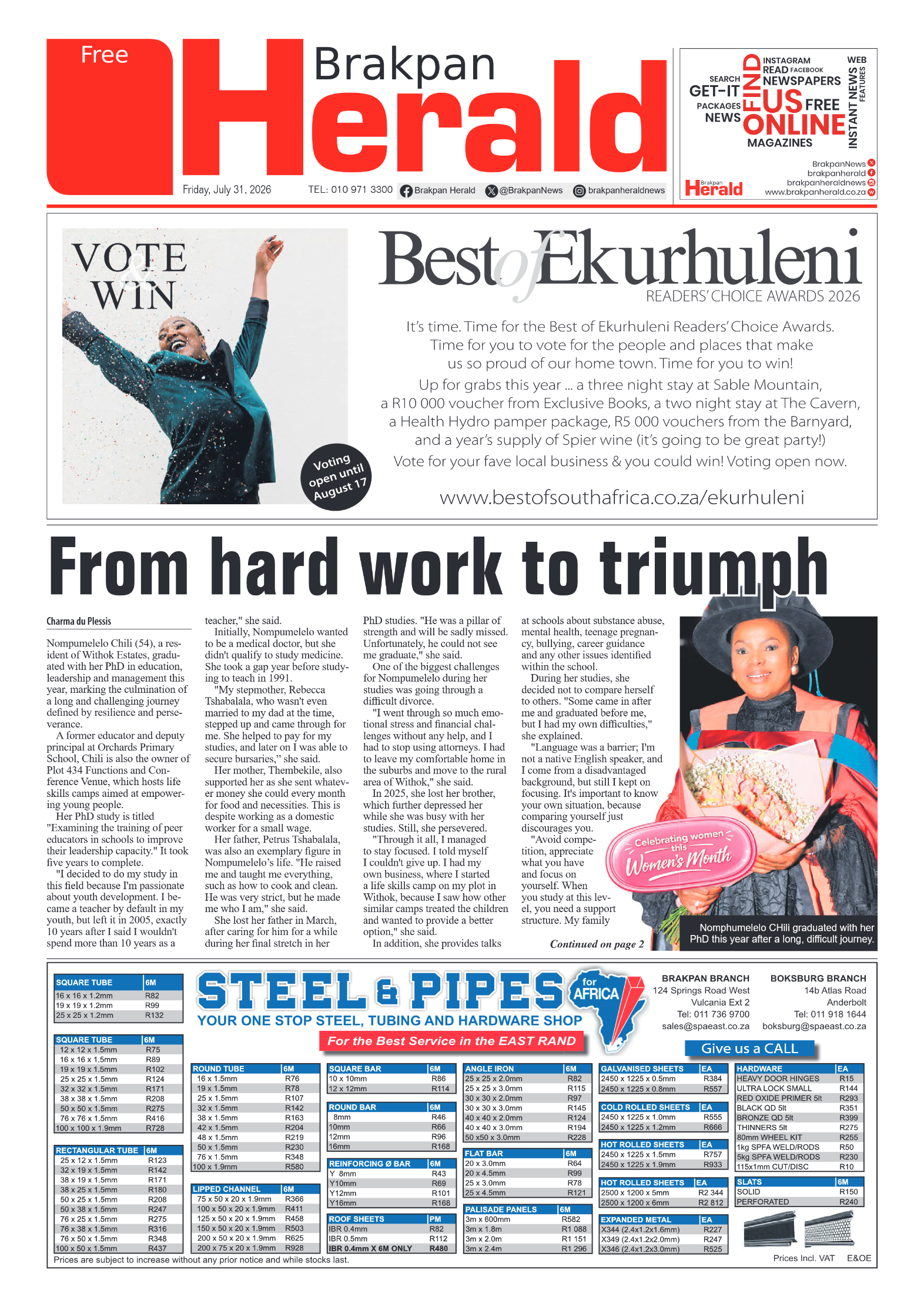 Brakpan Herald 31 July 2026 page 1